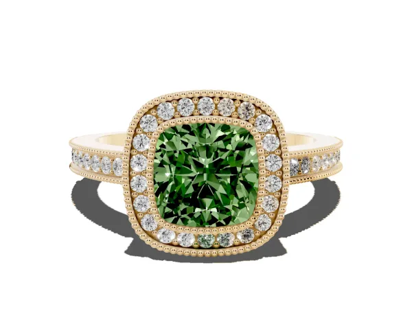 Fancy Green Cushion Cut Cut Halo Diamond Ring with Pavé Band and Milgrain Prong Setting Yellow gold