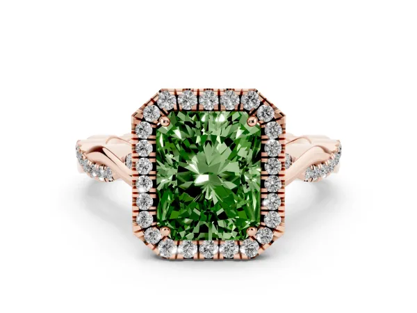 Fancy Green Radiant Cut Halo Twist Band Solitaire Ring Rose gold