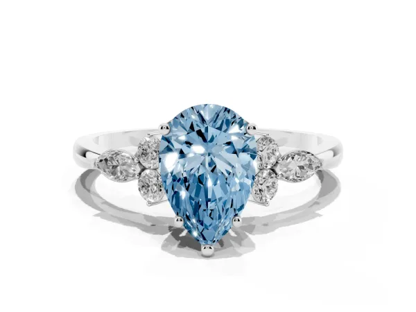 Fancy Blue Pear Cut Brilliant Diamond Solitaire Ring with Pear Side Stones and Four-Prong Setting Platinum