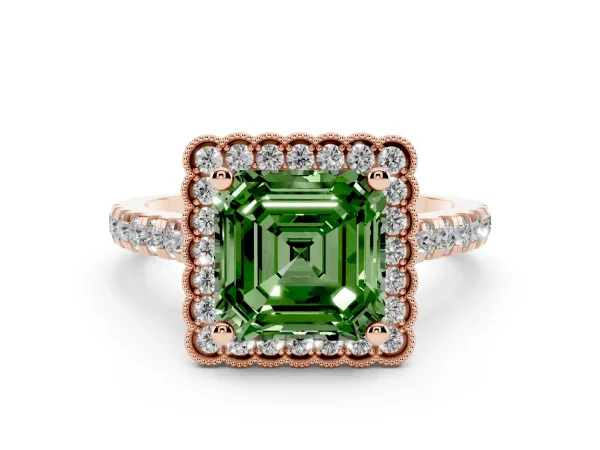 Fancy Green Asscher Cut Cut Diamond Milgrain Floral Halo Engagement Ring with Pavé Band Rose gold