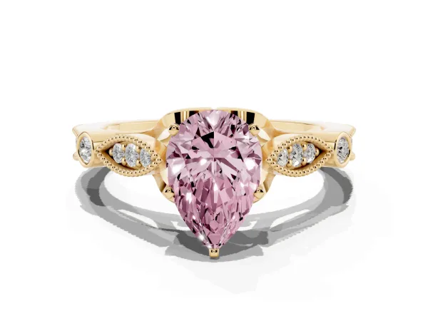 Fancy Pink Pear Cut Cut Diamond with Milgrain Marquise and Bezel Accents on a Solitaire Band with Prong Setting Yellow gold