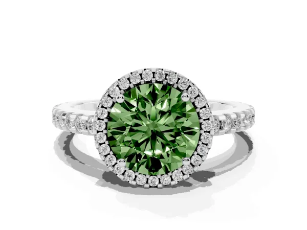 Fancy Green Round Cut Diamond Halo Engagement Ring with Pavé Band and Prong Setting White gold