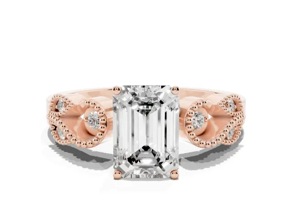 Emerald Cut Solitaire Milgrain Leaf Band with Prong Setting Rose gold