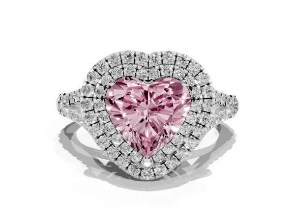 Fancy Pink Double Halo Heart Cut Diamond Split Shank Engagement Ring with Four-Prong Setting Platinum