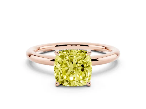 Fancy Yellow Cushion Cut Diamond Solitaire Ring with Thin Band and Four-Prong Setting Rose gold