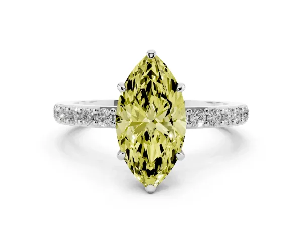 Fancy Yellow Marquise Cut Diamond Pavé Engagement Ring with Round Accents and Prong Setting White gold