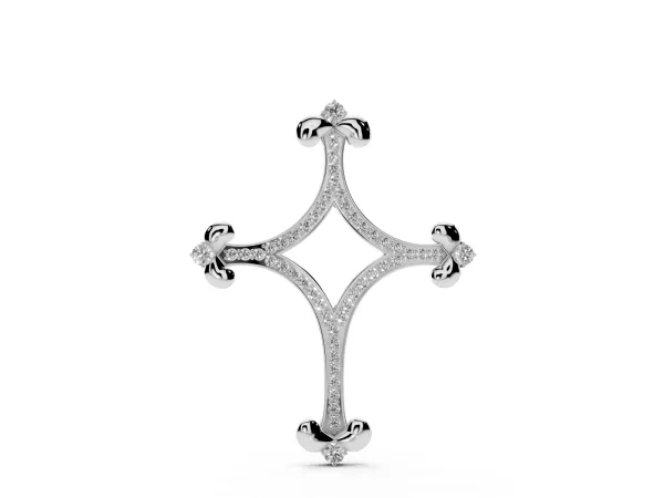 Pavé Diamond Cushion Cross Pendant with Fleur-de-Lis Prongs Silver