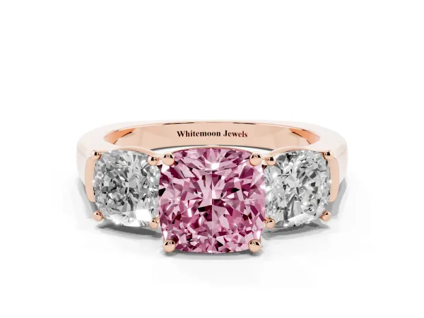 Fancy Pink Three-Stone Cushion Cut Brilliant Diamond Trellis Ring with Comfort Fit Band Rose gold