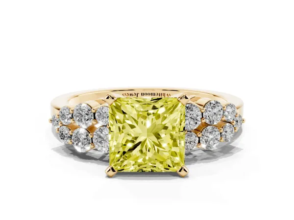 Fancy Yellow Princess Cut Cluster Diamond Engagement Ring with Pavé Band and Four-Prong Setting Yellow gold