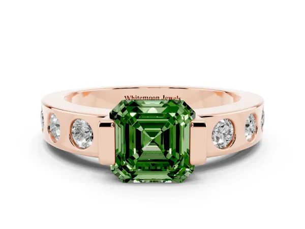Fancy Green Asscher Cut Brilliant Channel-Set Diamond Ring with Bezel Prong Setting Rose gold