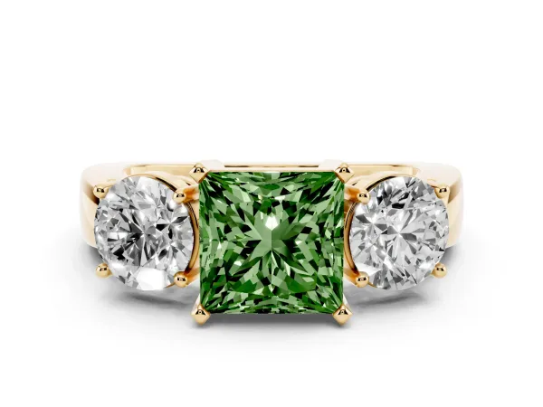 Fancy Green Three-Stone Princess Cut Diamond Ring with Round Side Stones, Classic Band, and Four-Prong Setting Yellow gold