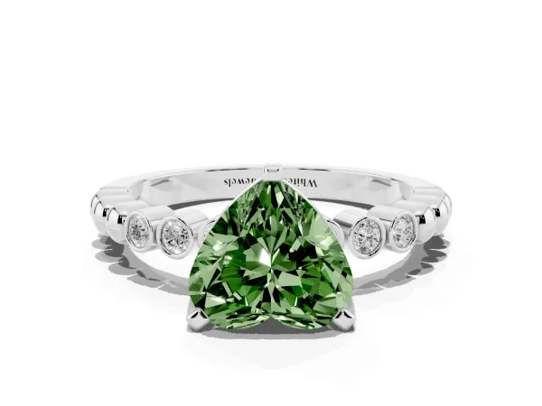Fancy Green Heart Cut Solitaire Bezel Accent Diamond Engagement Ring with Beaded Band and Four-Prong Setting Platinum