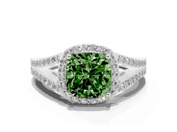 Fancy Green Cushion Cut Halo Split Shank Pave Diamond Ring with Four-Prong Setting White gold