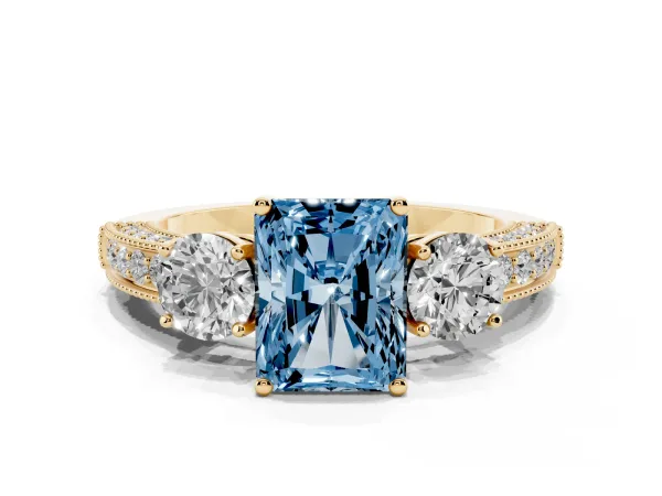 Fancy Blue Radiant Cut Three-Stone Diamond Ring with Pavé Band and Four-Prong Setting Yellow gold