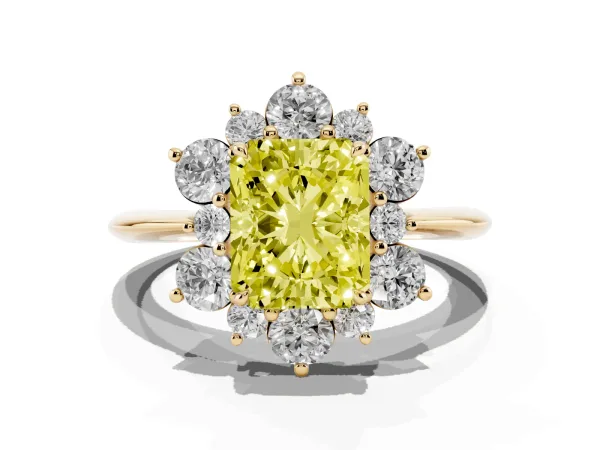Fancy Yellow Radiant Cut Diamond Cluster Halo Ring with Solitaire Band and Four-Prong Setting Yellow gold