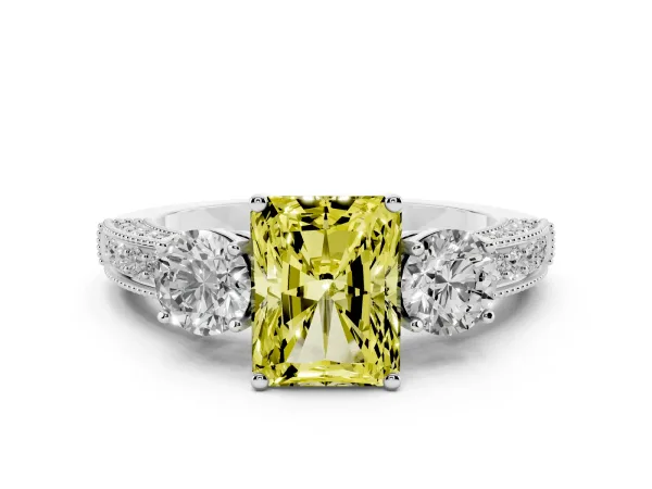 Fancy Yellow Radiant Cut Three-Stone Diamond Ring with Pavé Band and Four-Prong Setting Platinum