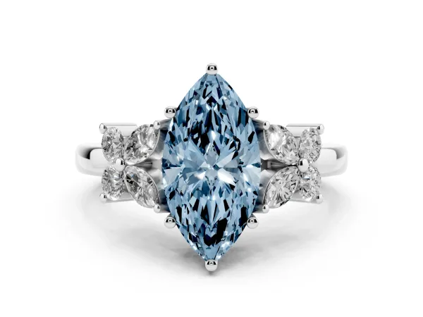 Fancy Blue Marquise Cut Diamond Floral Cluster Ring with Solitaire Band and Prong Setting White gold