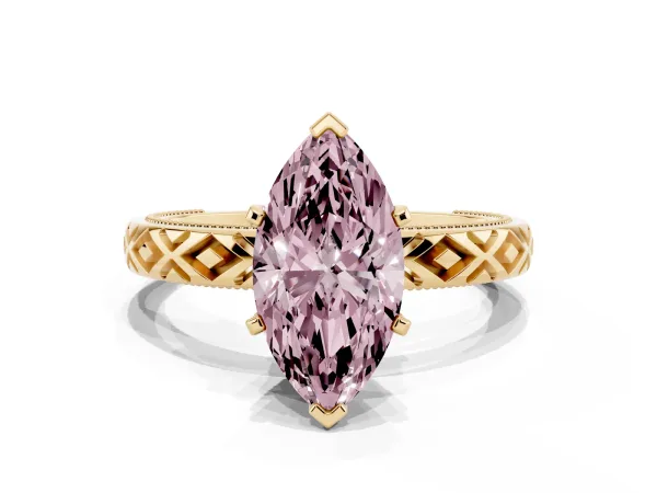 Fancy Pink Marquise Cut Solitaire Diamond Ring with Milgrain and Black Enamel X Pattern Band Yellow gold
