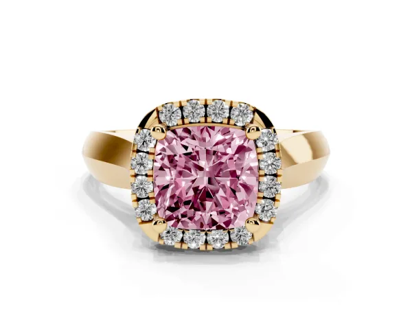 Fancy Pink Cushion Cut Cut Halo Solitaire Engagement Ring with Square Band and Four-Prong Setting Yellow gold
