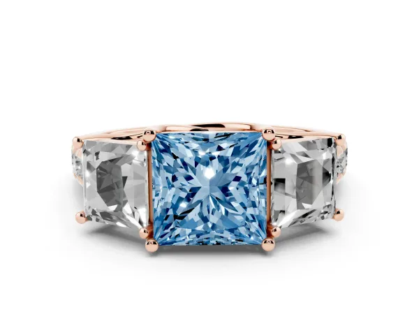Fancy Blue Three-Stone Princess Cut Diamond Pavé Band with Prong Setting Rose gold
