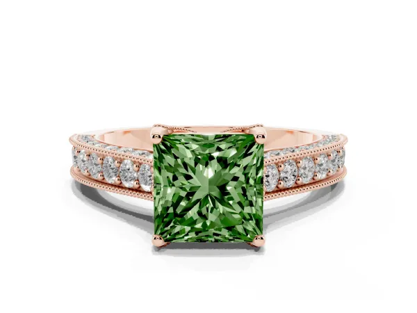 Fancy Green Princess Cut Cut Diamond Solitaire Ring with Milgrain Pave Band and Four Prong Setting Rose gold