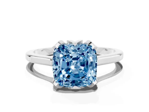 Fancy Blue Cushion Cut Diamond Solitaire Ring with Flower Prong Setting and Classic Band White gold