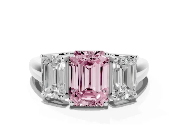 Fancy Pink Three-Stone Emerald Cut Diamond Engagement Ring with Prong Setting Platinum