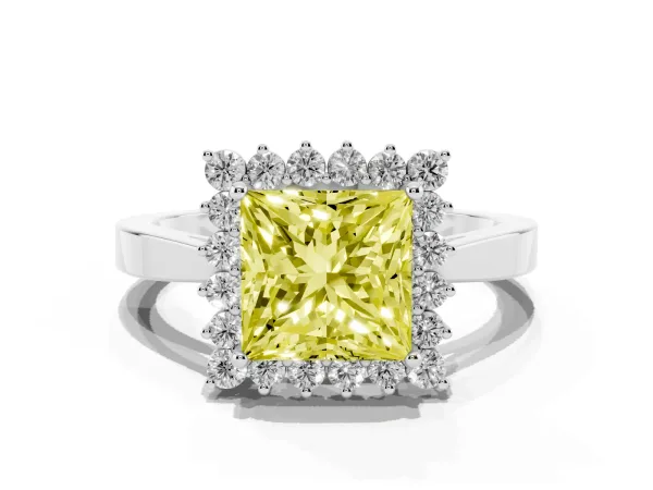 Fancy Yellow Princess Cut Cut Diamond Halo Ring with Round Brilliant Halo and Solitaire Band White gold