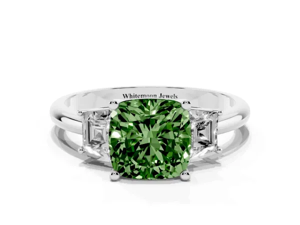 Fancy Green Cushion Cut Diamond Three-Stone Ring with Trapezoid Side Stones and Prong Setting Platinum