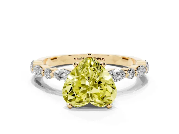 Fancy Yellow Heart Cut Diamond Ring with Marquise and Round Side Stones and Four-Prong Setting Yellow gold