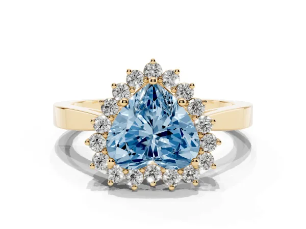 Fancy Blue Heart Cut Cut Diamond Halo Ring with Round Brilliant Halo and Solitaire Band Yellow gold