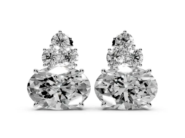 East-West Oval Diamond Cluster Stud Earrings with Round Diamond Accents White gold