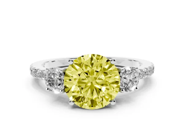 Fancy Yellow Three-Stone Round Cut Cut Diamond Pavé Band with Prong Setting White gold