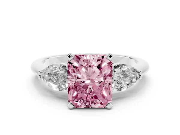 Fancy Pink Three-Stone Radiant Cut Diamond Ring with Pear Side Stones and Four-Prong Setting Platinum