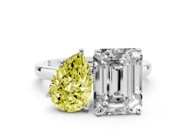 Fancy Yellow Pear Cut and Emerald Cut Toi Moi Ring with Prong Setting Platinum
