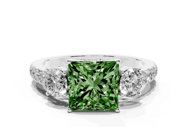 Fancy Green Princess Cut Cut Diamond Three-Stone Ring with Round Side Stones and Pavé Band White gold