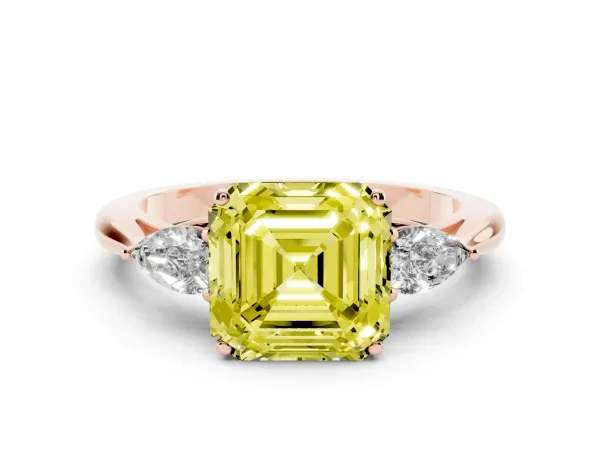 Fancy Yellow Asscher Cut Diamond Three-Stone Ring with Pear Side Stones and Prong Setting Rose gold