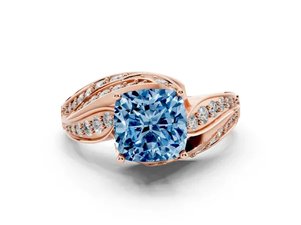 Fancy Blue Cushion Cut Diamond Solitaire Ring with Prong Setting and Twisted Pavé Band Rose gold