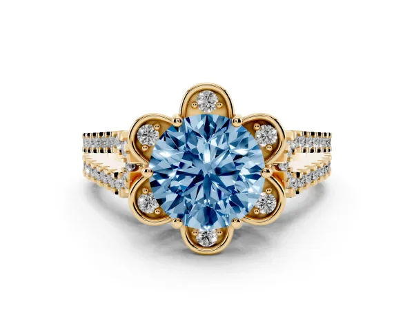 Fancy Blue Round Cut Halo Diamond Floral Split Shank Engagement Ring Yellow gold