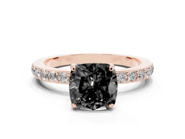 Fancy Black Cushion Cut Diamond Solitaire Engagement Ring with Pavé Band and Four-Prong Setting Rose gold