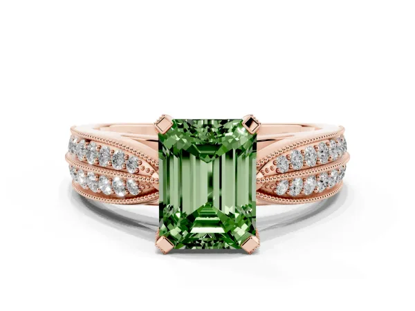 Fancy Green Emerald Cut Diamond Solitaire Ring with Milgrain Round Pavé Band and Prong Setting Rose gold