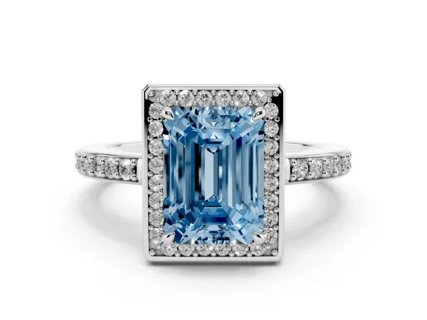 Fancy Blue Emerald Cut Halo Pave Band Solitaire Ring with Prong Setting Platinum