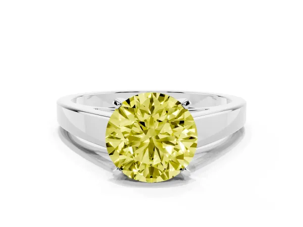 Fancy Yellow Round Cut Solitaire Engagement Ring with Four-Prong Setting and Tapered Band Platinum