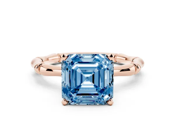 Fancy Blue Asscher Cut Solitaire Diamond Ring with Bamboo Band and Four-Prong Setting Rose gold