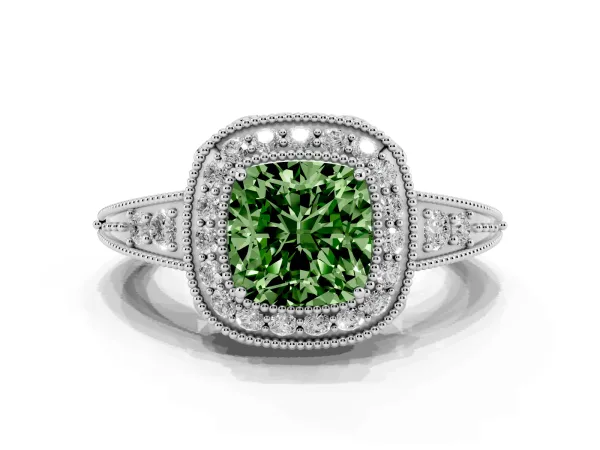Fancy Green Cushion Cut Halo Diamond Split Shank Ring with Milgrain Detail Platinum