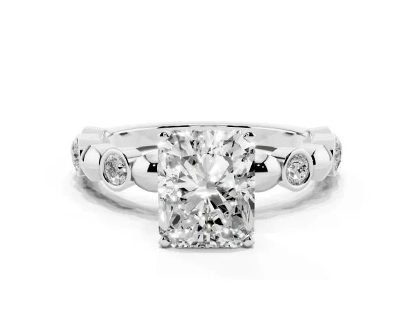 Radiant Cut Solitaire Bezel-Set Diamond Ring with Beaded Band and Four-Prong Setting Platinum