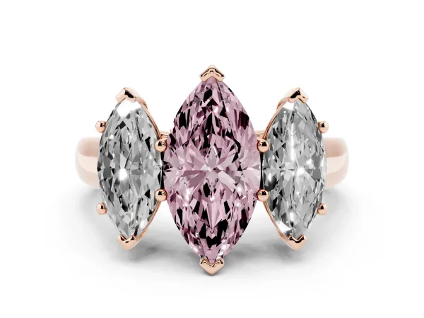 Fancy Pink Marquise Cut Three-Stone Diamond Ring with Prong Setting on a Classic Band Rose gold