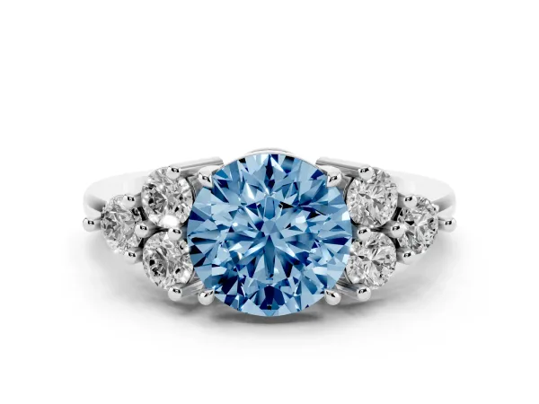 Fancy Blue Round Cut Brilliant Diamond Cluster Accent Solitaire Ring with Prong Setting Platinum