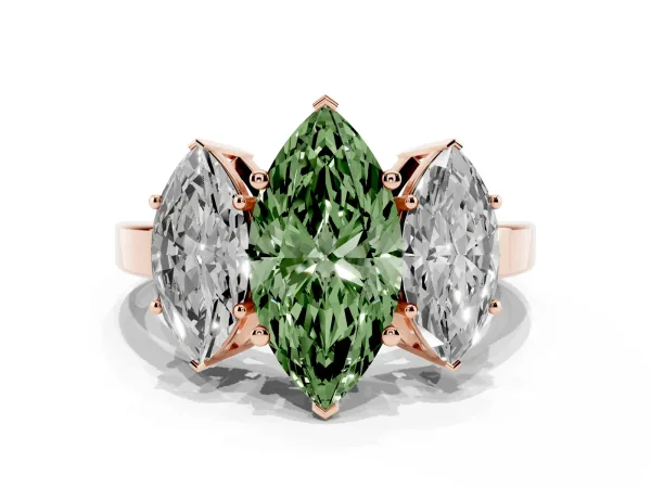 Fancy Green Three-Stone Marquise Cut Cut Diamond Engagement Ring with Flat Band and Four-Prong Setting Rose gold