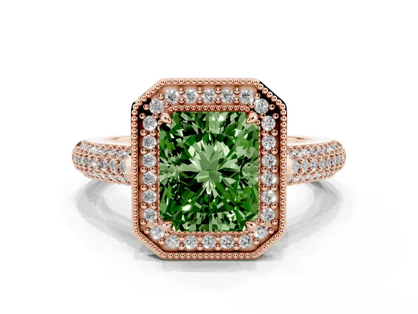 Fancy Green Radiant Cut Cut Halo Diamond Pave Band with Four-Prong Setting Rose gold